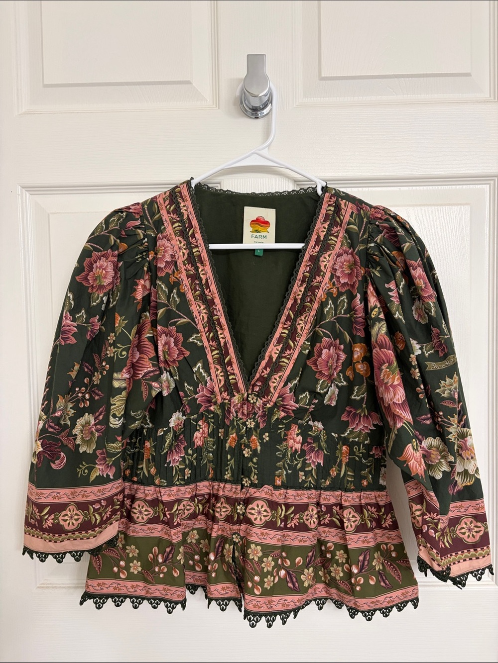 FARM Rio Green Floral Peplum Blouse with Pink Accents - Picture 4 of 5